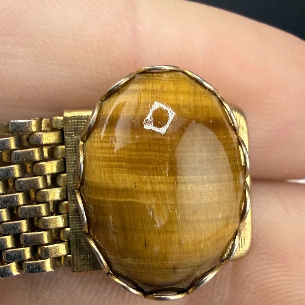 Vintage Estate Cufflinks Gold Tone Mesh Tigers Eye‎ Wrap Around Retro Men